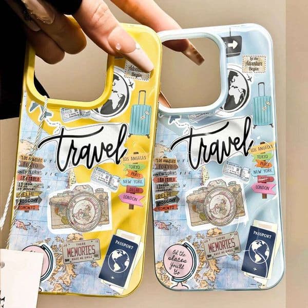 Vintage Travel Sticker 3D Meteor Texture Phone Case For iPhone 16 15 14 13 12 11 Pro Max 17 Air Shockproof Protective Cover