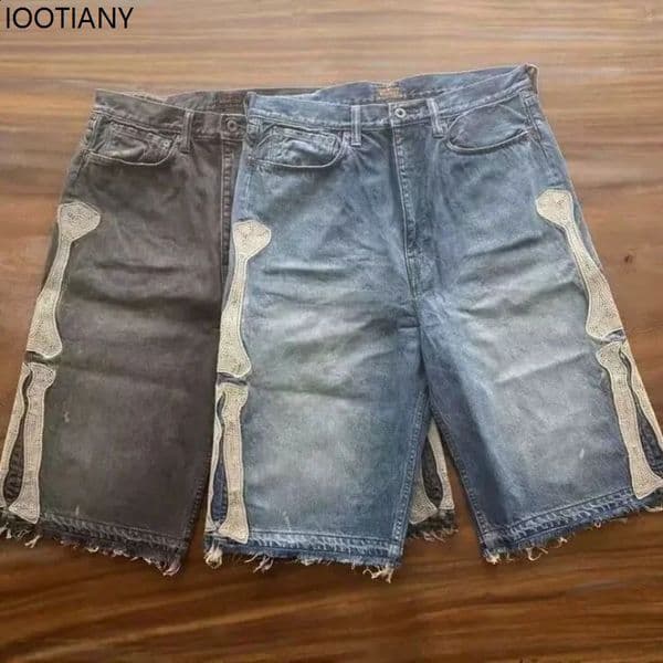 Y2k Retro Harajuku Denim Shorts Womens Washed Patchwork Tassel American Jeans Mens Loose Hiphop Bone 260601