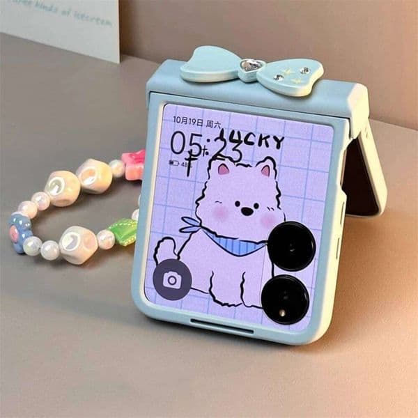 New INS Korean Cute Blue Bowknot Chain Phone Case Samsung Galaxy Z Flip 7/6/5/4/3 For Motorola Razr 60 50 40 Ultra Funda