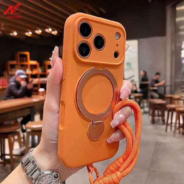 Magnetic Bracket Liquid Silicone Phone Case For iPhone Air 16 17 15 14 13 Pro Max for Magsafe Wireless Charing Wrist Strap Cover