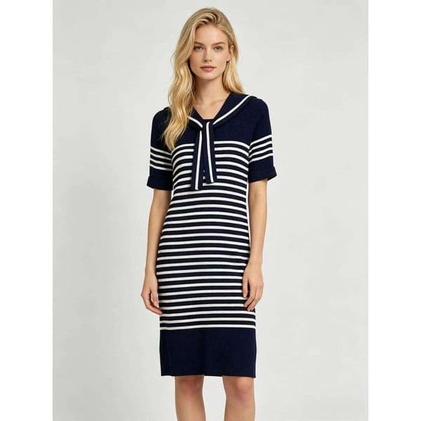 Designer Navy White Striped Knit Dress, Women Sailor Collar Midi, Elegant Casual Summer Bodycon Bow Decor Dress