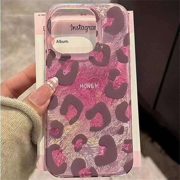 Ins Raspberry Pink Leopard Tinfoil Pattern Phone Case For iPhone 17 16 15 14 13 11 12 Pro Max X XS 7 8 Plus Lovely Soft Cover