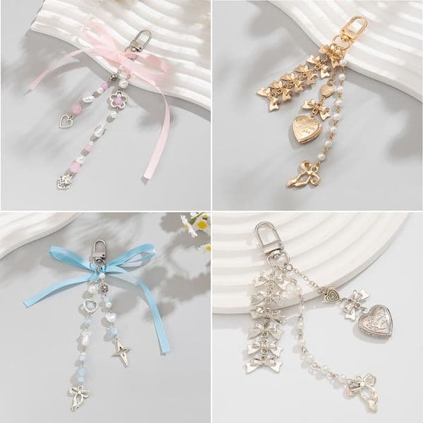 Comfortable European American accessories, sweet cool style heart-shaped pearl chain pendant, fresh and simple bow ribbon bag charm