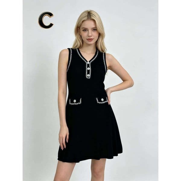 Designer Black Sleeveless Knit Dress, Women's V-Neck Rhinestone A-Line Mini Dress, Elegant Party Wear Skinny Slimming