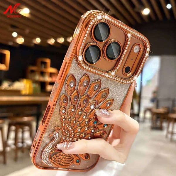 Luxury Plating Peacock Glitter Diamond Phone Case for iPhone Max Air 17 Pro 16 15 14 13 Soft Clear TPU Lens Film Cover