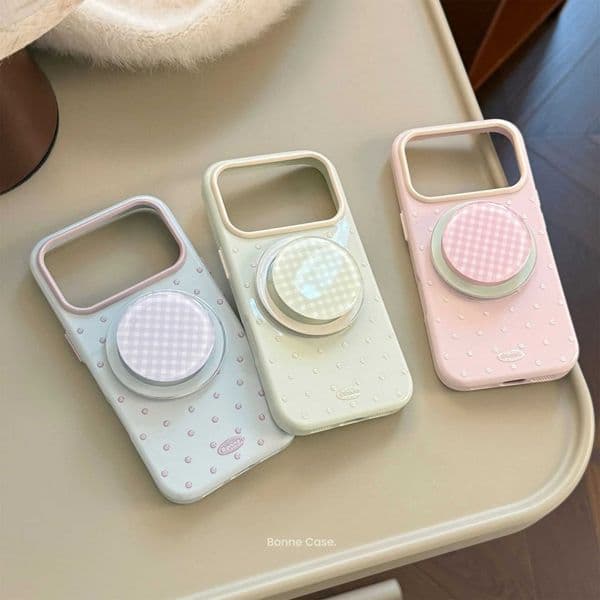 Polka Korean Candy Dots With Grid Pattern Magnetic Bracket Phone Case For iPhone 17 16 15 13 14 12 Pro Max Shockproof Soft Cover Z260601