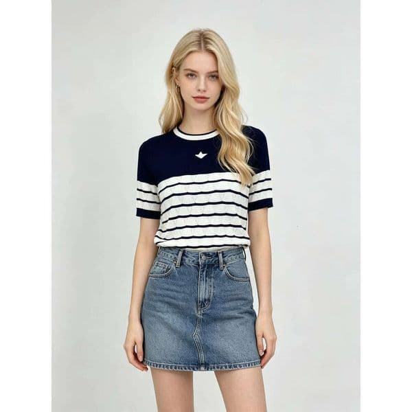 Designer Navy Knit Top, Women Short Sleeve with White Stripes and Boat Logo, Casual Nautical Knitwear Bandage Bodycon