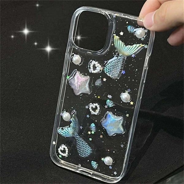 Glitter 3D Laser Fish Tail Clear Case For iphone 16 15 12 11 Pro Max 14 Plus 13 MiNi X XR 7 8 SE Aurora Star Epoxy Sequins Cover