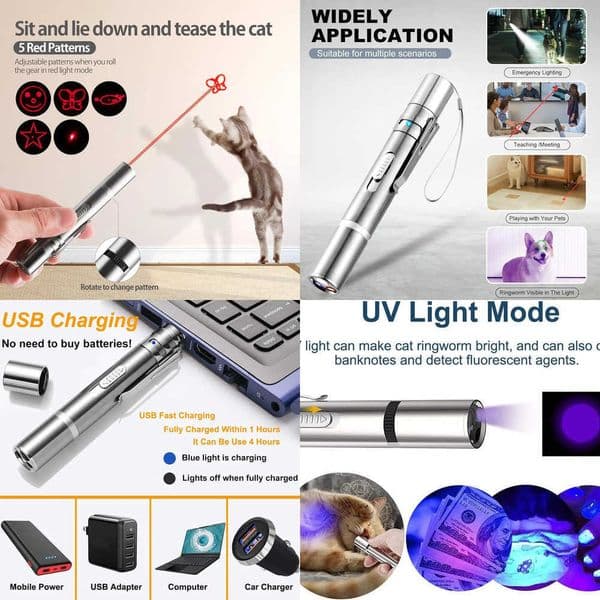 Interactive Pet Laser Pointer Toy Rechargeable for Cats and Dogs LED Light 5 Switchable Patterns Indoor Exercise Play Boredom X260529
