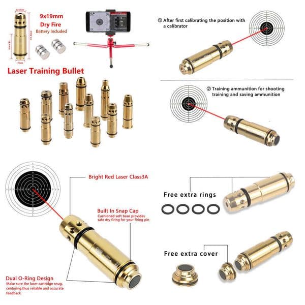 9mm Dry Fire Training Kit 9x19mm/380ACP/40SW/223Rem Laser Bullet Trainer Cartridge Tactical Red Dot Laser Training Bore Sight X260529
