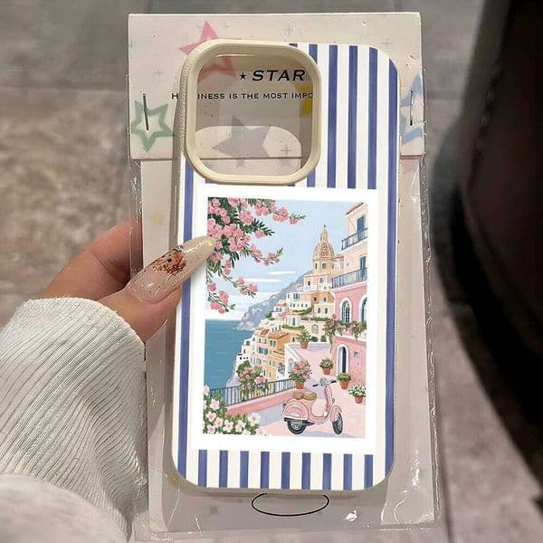 Amalfi Coast Town Pattern Lychee Silicone Phone Case For iPhone Max 15 16 14 13 12 11 Pro Plus 17 Air Soft Cover