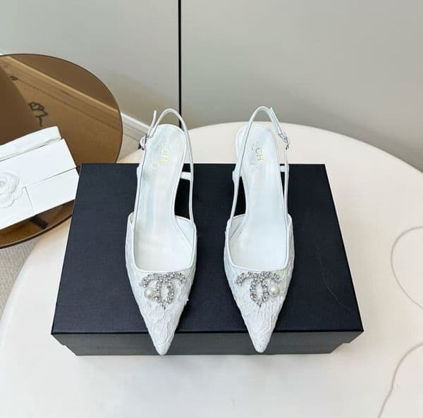 Women's Summer White Lace Slingback Pumps Brand Pointed Toe Bridal Heels with Crystal & Pearl Embellishment, Elegant Wedding Dress Shoes for Bride Bridesmaid