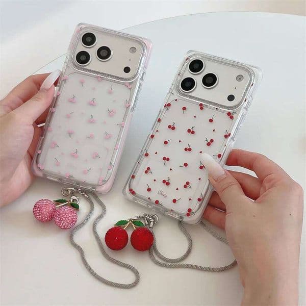 Korean Cute Cherry Glitter Clear Phone for iPhone 17 16 15 Pro Max Funda Case with 3D Charm Chain Kawaii Cover Capa