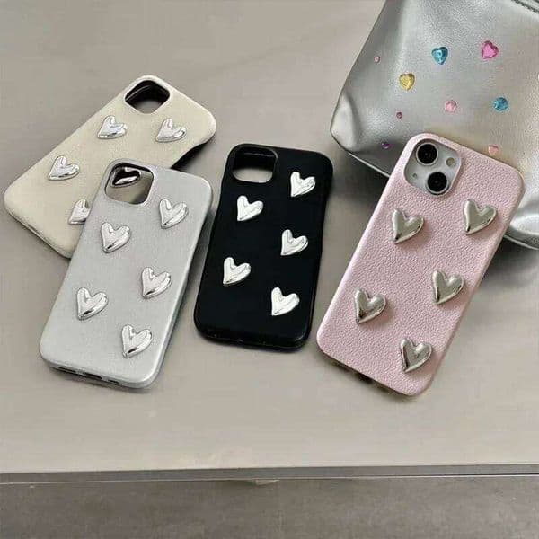 Simple Silver Love Heart 3D Compatible for IPhone 11 12 13 Pro 15 14 16 Plus X XR XS Max Leather Texture Case