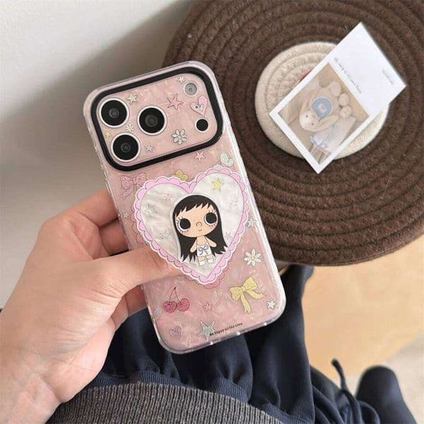 Cute Strawberry Cherry Cartoon Girl Phone Case for iPhone 17 16 15 Pro Max Cover With 3D Stand Korean Lovely Cases