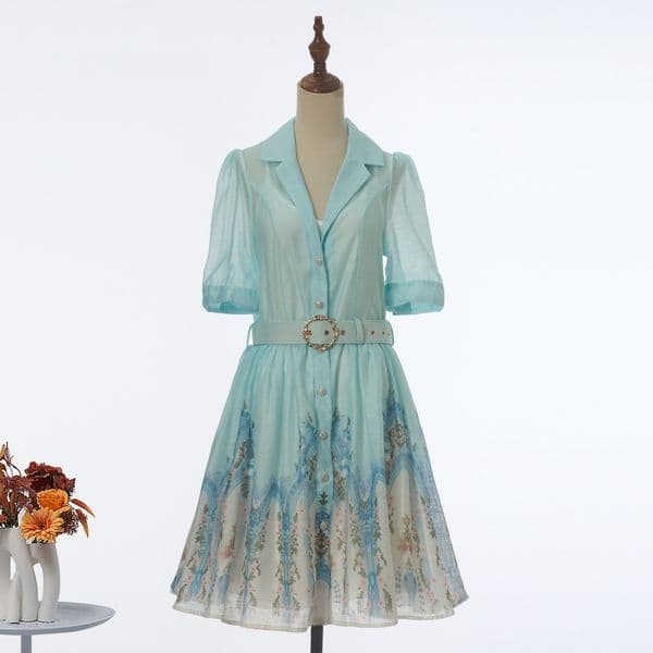 Z brand women's suit-collar short-sleeve floral and bird print short dress, cross-border resort style, slimming, tie-waist, large hem dress