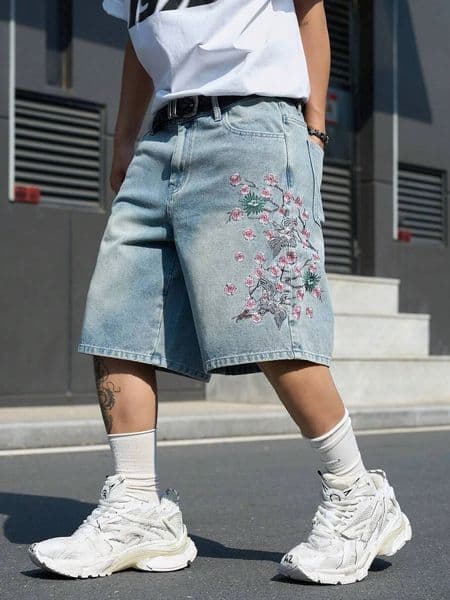 Men's Light Blue Cherry Blossom Embroidered Shorts, Loose Wide-Leg Streetwear Trendy Denim Capris dongdumaoyi
