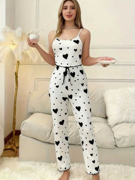 Plus Size Women Pajamas Set 2 Piece Sleeveless Vest and Trousers White Soft Breathable Sleepwear Casual Red Heart Print L260525