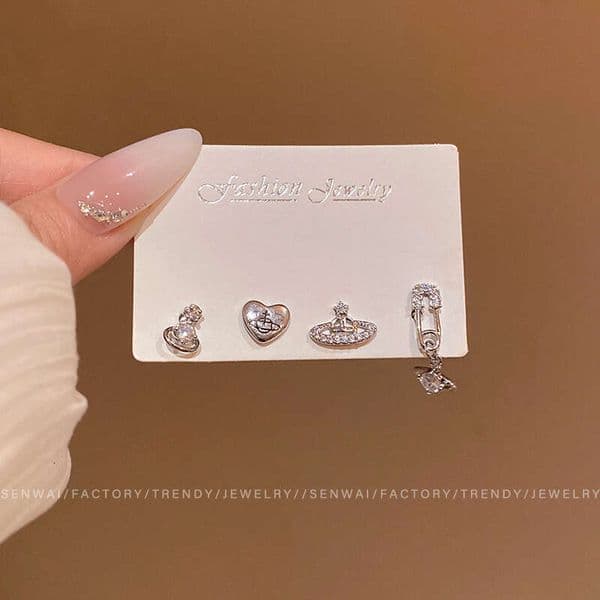 Designer Jewelry Luxury Jewelry Exquisite Micro Inlaid Full Diamond Earth Planet Niche High-End Sense Piercing Four-Piece Set Earrings Internet Celebrity Sa