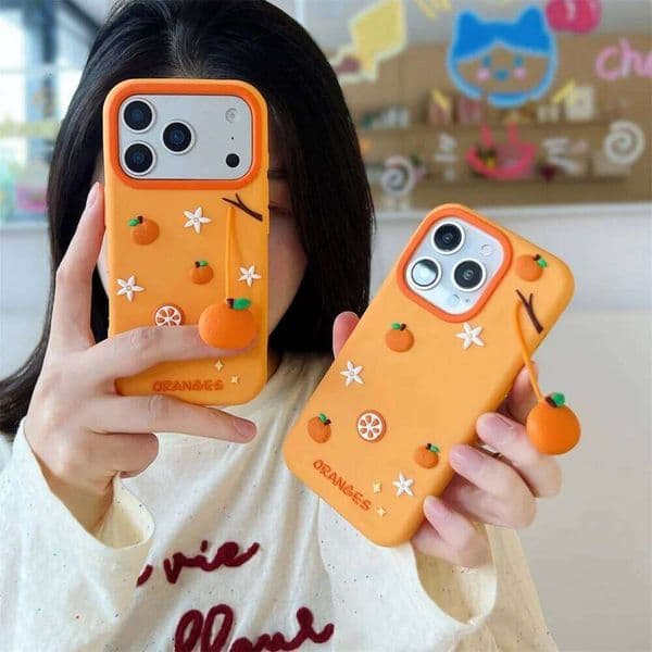 Silicone good-looking pendant orange mobile case, suitable for iPhone13/14/15/16/17 Pro Max, fashionable protective case