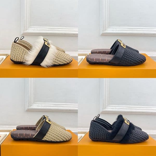 Designer Haven Flat Closed Mule 1AK10F Ladies Braided Calf Leather Flat Shoes Womens Fluffy Wool Trimming Mule Advanced Runway Style Daily Versatile Sizes 35 41