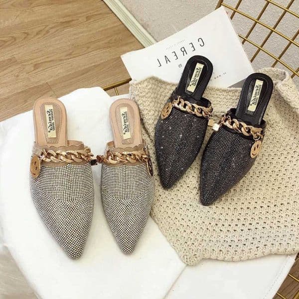2025 New Summer Shoes for Women Slipper Bling Crystal Chain Casual Flat Sandals Pointed Toe Slides L260602
