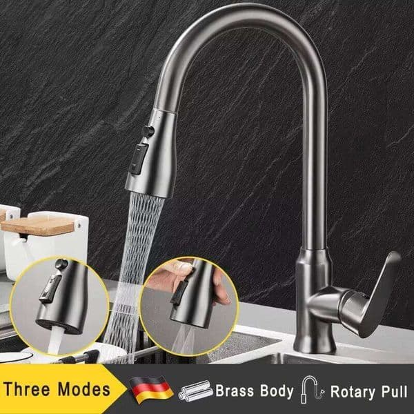 Silver Pull Out Kitchen Sink Faucet Thickened BrassThree Model Stream Sprayer Nozzle Stainless Steel Hot Cold Wate Mixer Tap