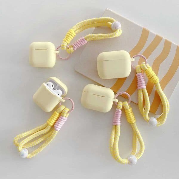 Minimalist Yellow Matte Soft Silicone With Bead Braided Lanyard Earphone Cover Case for AirPods 1 or 2 3 4 Pro 2 Pro 3T260602