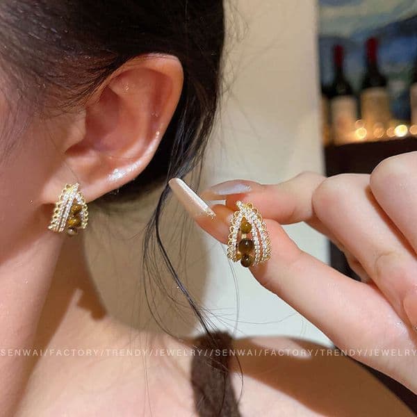 Designer Jewelry Luxury Jewelry Zircon And Tiger Eye Stone Drop Earrings For Women, Light Luxury, Elegant, Niche, Exquisite, High-End, Versatile Earrings, Wholesale