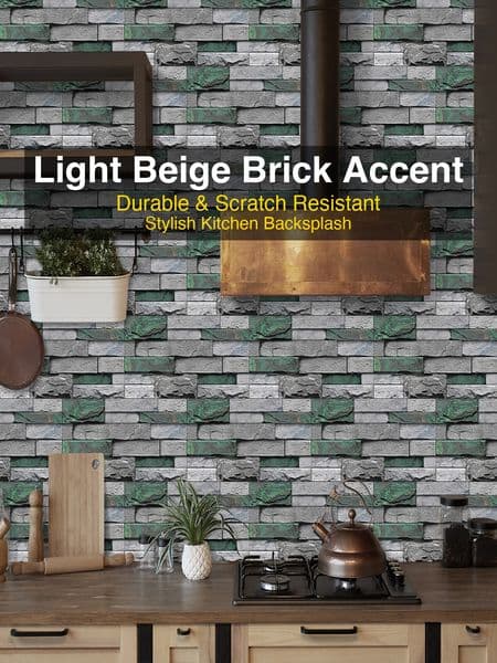 6Pcs Green Vein Rustic Stone PET Wall Stickers,Oilproof Removable Faux Rock Tile Decals for Cabin & Farmhouse Interior Decor