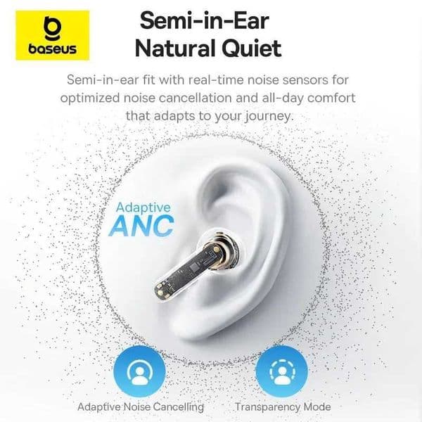 Bass BS1 Baseus NC -40dB Realtime Adaptive ANC Wireless Earbuds Bluetooth 6.0 Semi-Open Earphones LDAC Hi-Res Audio 6-Mic AI ENC L260602O9J7