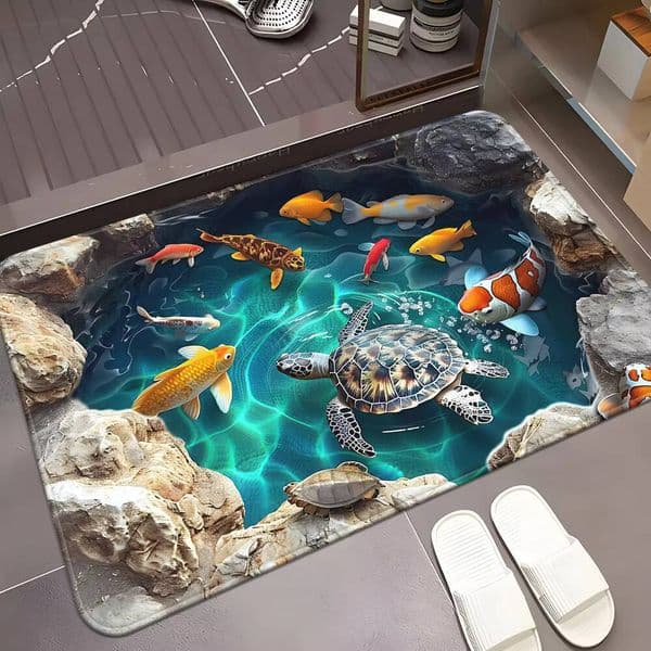 Bath Mat, 1 Piece, Beautifully Designed With Turtle Fish Patterns, Soft And Comfortable, Machine Washable, Made Of Flannel Material
