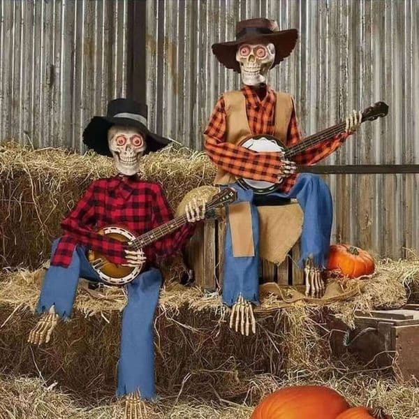 Musical Halloween Skeleton with Glowing Eyes & Poseable Joints - Animated Outdoor Decor for Yard, Garden, Porch, Haunted House