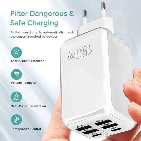 120W 6-Port Fast Charger - Dual PD+QC3.0 USB-C Wall Adapter for iPhone, Samsung,iPad -EU/US/UK Plug Multi-Device Rapid Charging