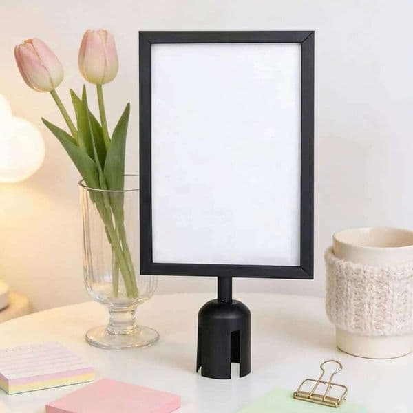 A4 Black Pedestal Poster Frame Double Sided Stanchion Sign Holder for Outdoor Restaurant