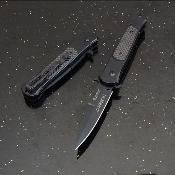 Black Carbon Assisted Folding Knife 3.54" 8Cr13 Plain Blade, Aluminum Alloy Handles