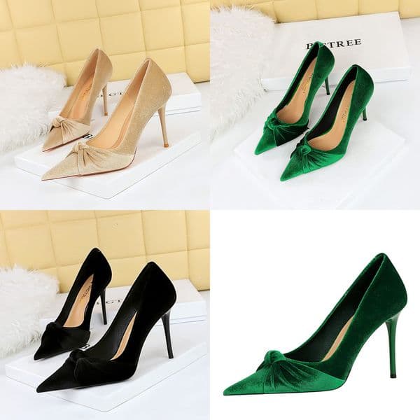 European and America Fashion Party High Heels Stiletto Heels Shallow Mouth Pointed Toe Velvet Bow Single Shoes designkker sandals