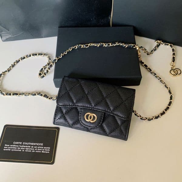 Premium Calfskin Leather with Caviar Texture High-Quality Genuine Leather Chain Wallets, Card Holders, ID Cases, and Mini Coin Purses 10A