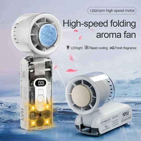 Foldable Portable Handheld Fan with LEDS Light, 100 Speed Adjustable, 3600mAh Battery, for Desk Neck Travel Outdoor Use