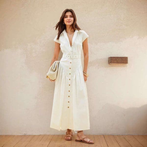 Collared long dress with single-breasted buttons, slim-fit figure-flattering, fashionable simple, suitable for summer and commuting