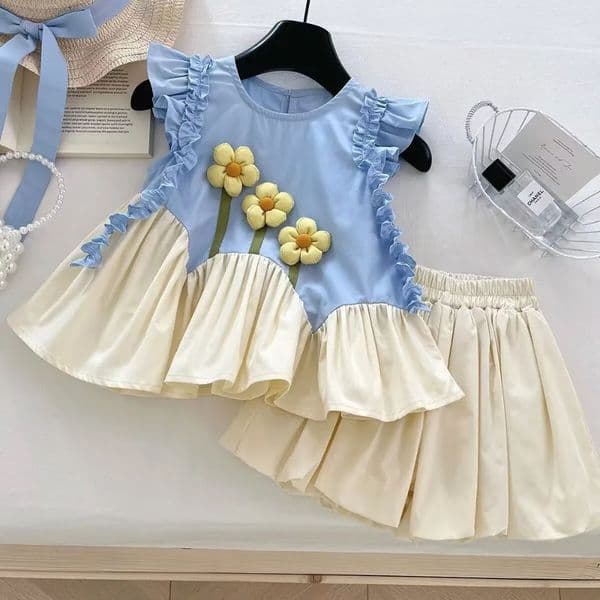 Summer Flying Sleeve Tshirt Tops Shorts Two Piece Set Casual 3D Flower Patchwork Girl Clothes Pleated Sweet Kids Wear 260605