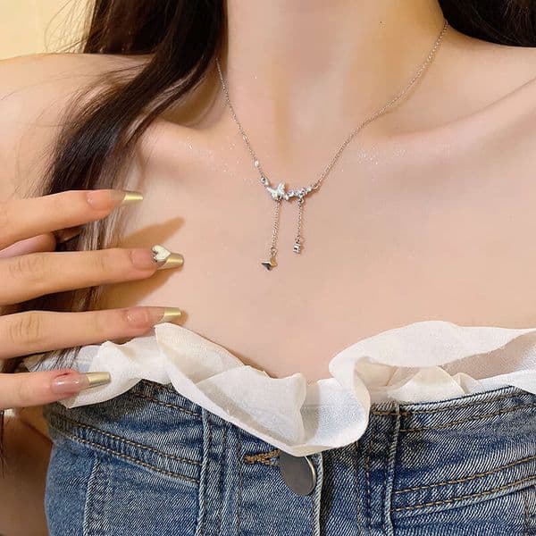 Designer Jewelry Luxury Jewelry Korean-Style Butterfly Zircon Titanium Steel Necklace For Women, Light Luxury, Elegant, High-End Feel, Tassel Silver Collarbone Ch