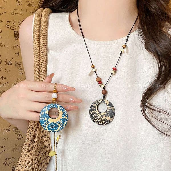 Designer Jewelry Luxury Jewelry Chinese Zen-Style Circular Pendant Necklace For Women, Vintage New Chinese-Style Long Collarbone Chai