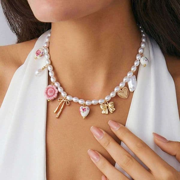 Ingemark Y2K Boho Love Heart Bow Pendant Choker Necklace for Women Elegant Imitation Pearl Clavicle Chain Wedding Neck Jewelry