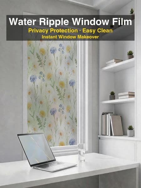 Wild Daisy Yellow Blue Floral Static Cling Privacy Window Film,Oilproof Reusable PVC Sticker for Airbnb Interior & Kitchen Cabinet Upgrade