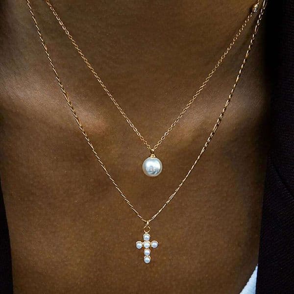 Uworld Simple Classic 18K Gold Color Plated Stainless Steel Pearl Cross Pendant Stackable Chain Necklace Women's Jewelr
