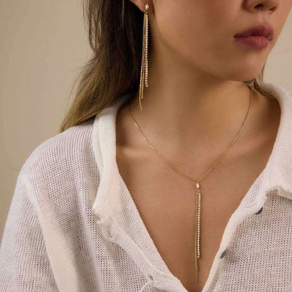 Uworld Delicate Crystal Chain Tassel Necklace Earrings For Women Minimalist 18K Gold PVD Plated Stainless Steel Jewelry Set Gift