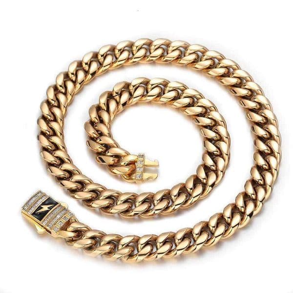12mm European and American trendy men's necklace, stainless steel Cuban chain with zircon spring clasp gold Hip-hop style, Miami style