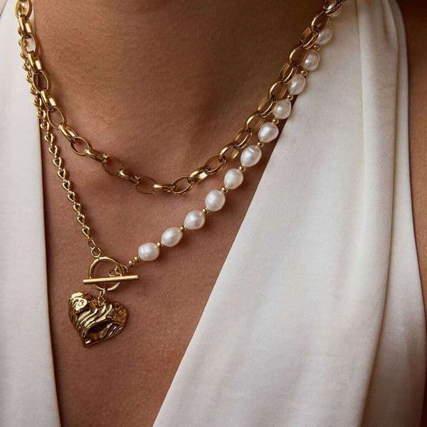 Uworld Fashion Elegant Freshwater Heart Pendant Necklace 18K Gold Color Plated Stainless Steel Pearl Half Chain Neckl