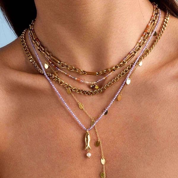 Uworld Ocean Beach Purple Natural Stone Bead Stainless Steel Small Fish Pearl Pendant Stackable Necklace Women's Jewelr
